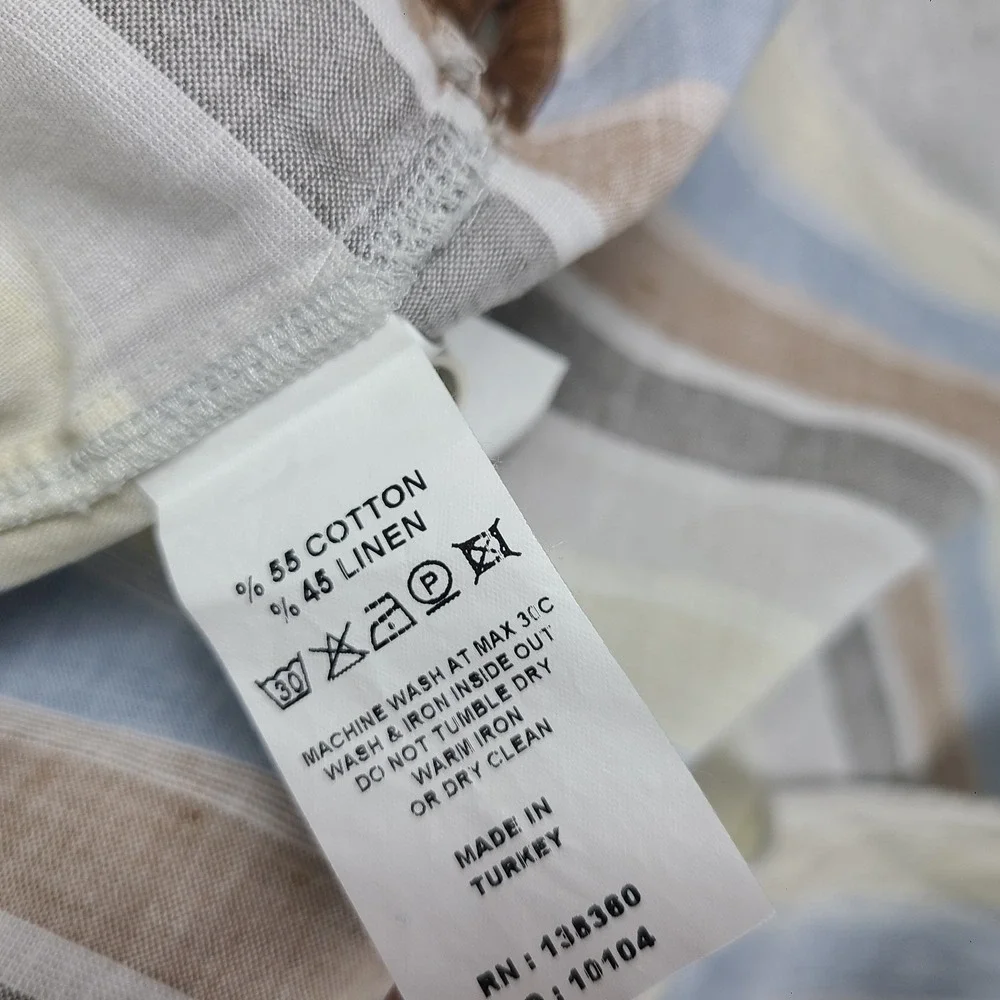 32 Bar Blues Shirt Mens XL Blue Brown Striped Preppy Button Up Linen Cotton